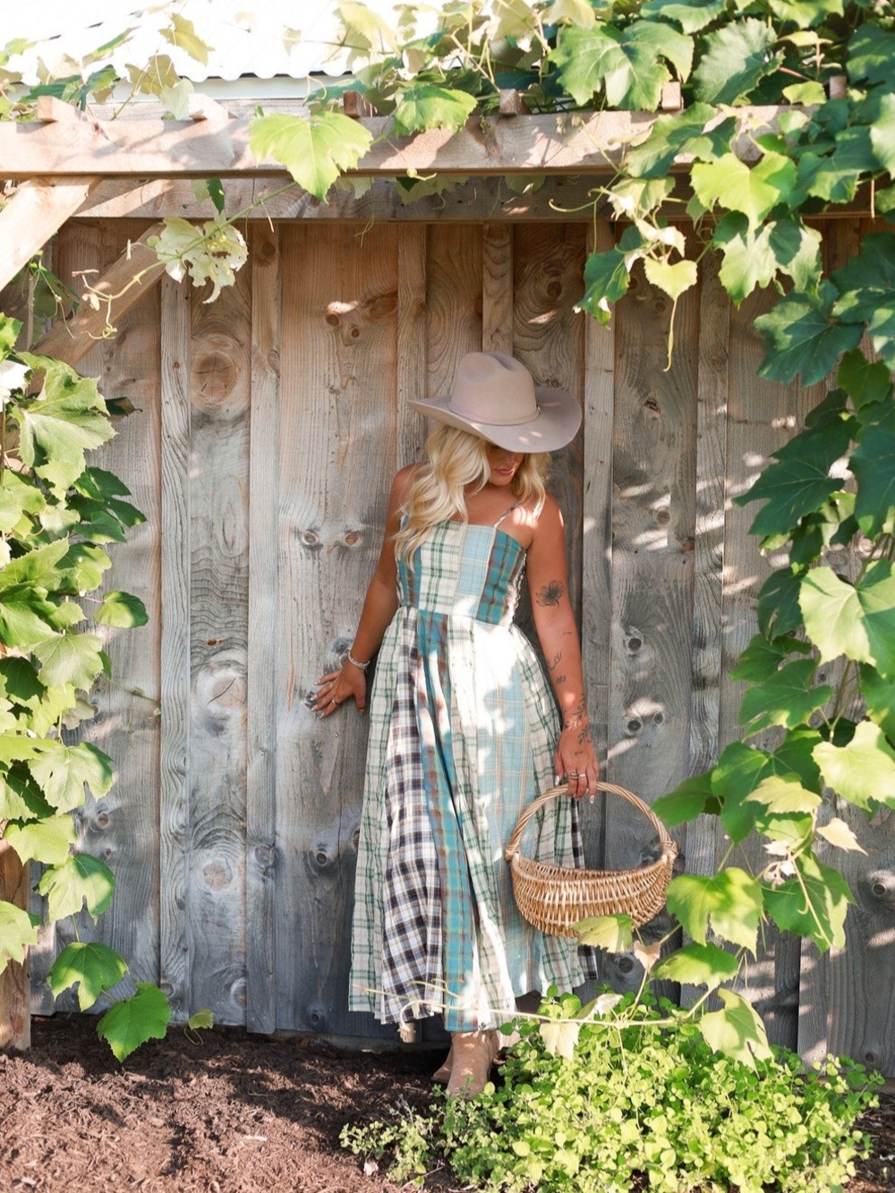 Shop Ivory Buck GiGio Teal Patchwork Plaid Square Neck Western Charm Midi Dress - Picture 12 of 15
